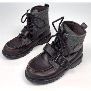 POLO Ralph Lauren Youth Toddler US 11.5 Brown Leather Gray Fleece Lace-Up BOOTS